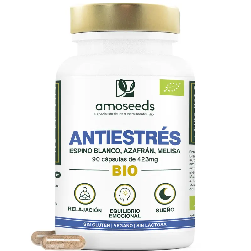 Complejo Antiestrés Bio, Espino Blanco, Azafrán, Melisa | 90 Cápsulas