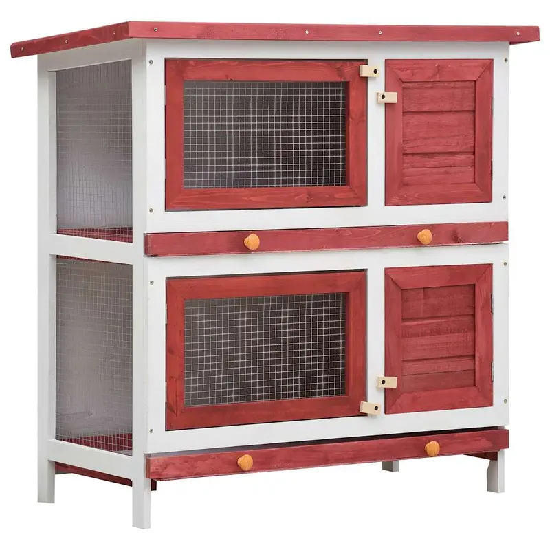Jaula Conejera Con 4 Puertas Madera Rojo